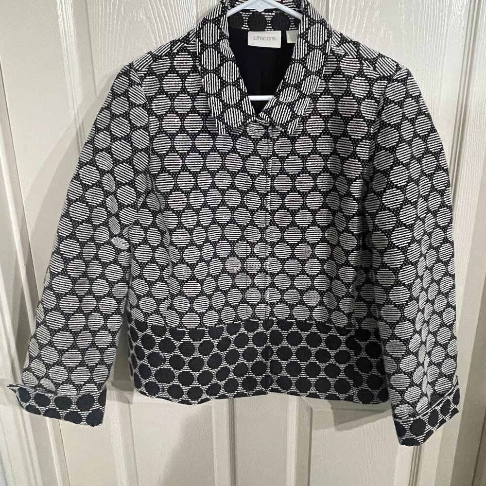 CHICO'S Black &White Circle Polka Dot Print Jacket Snap-Front Closure Size 1‎
